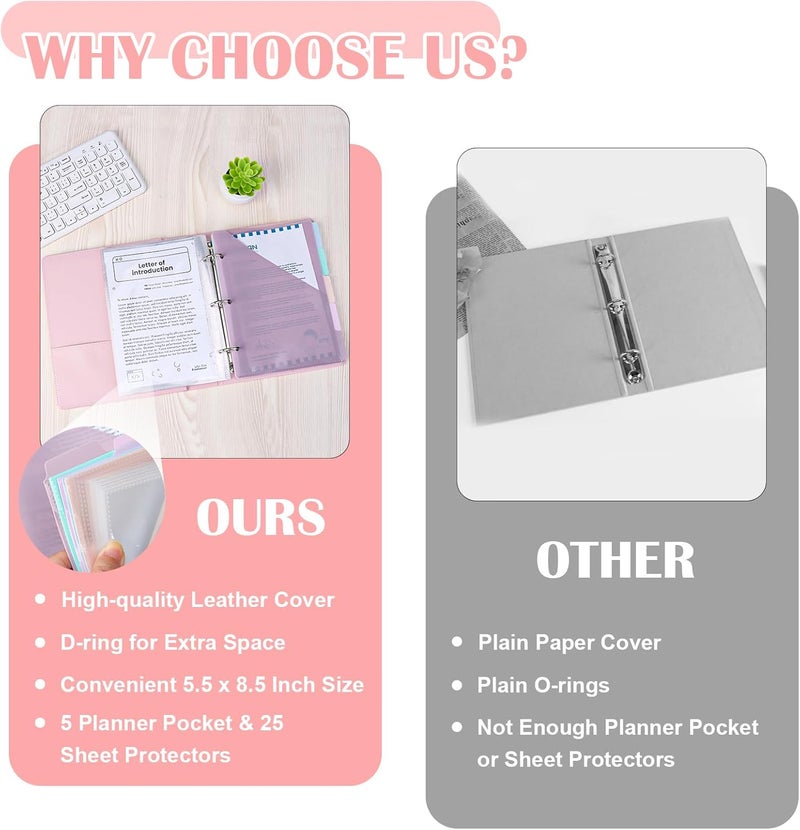 WANGDEFA （Half Size）Pu Leather Mini 3 Ring Binder with 5-Tabs Pocket Dividers & 25 Sheet Protectors 5.5 x 8.5 Professional Organizer Cute Organizer Binders 1" D Rings for Small Binder Paper School Office(Pink) - Image 4